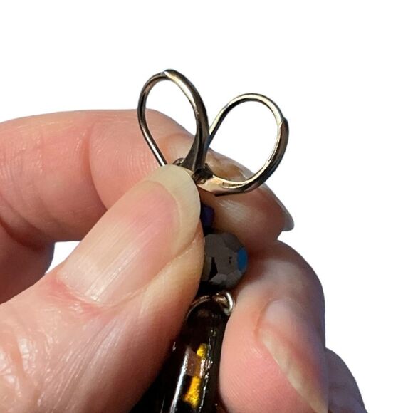 Dichroic Glass Dangle Pierced Earrings Browns Silver Tone Oval Artisan 2.25” - Picture 4 of 5